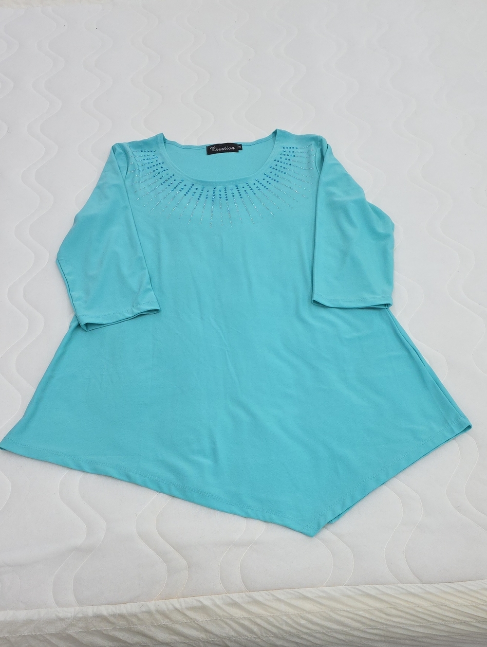 Creation Women's Turquoise Asymmetric Hem Tunic with Embellished Neck